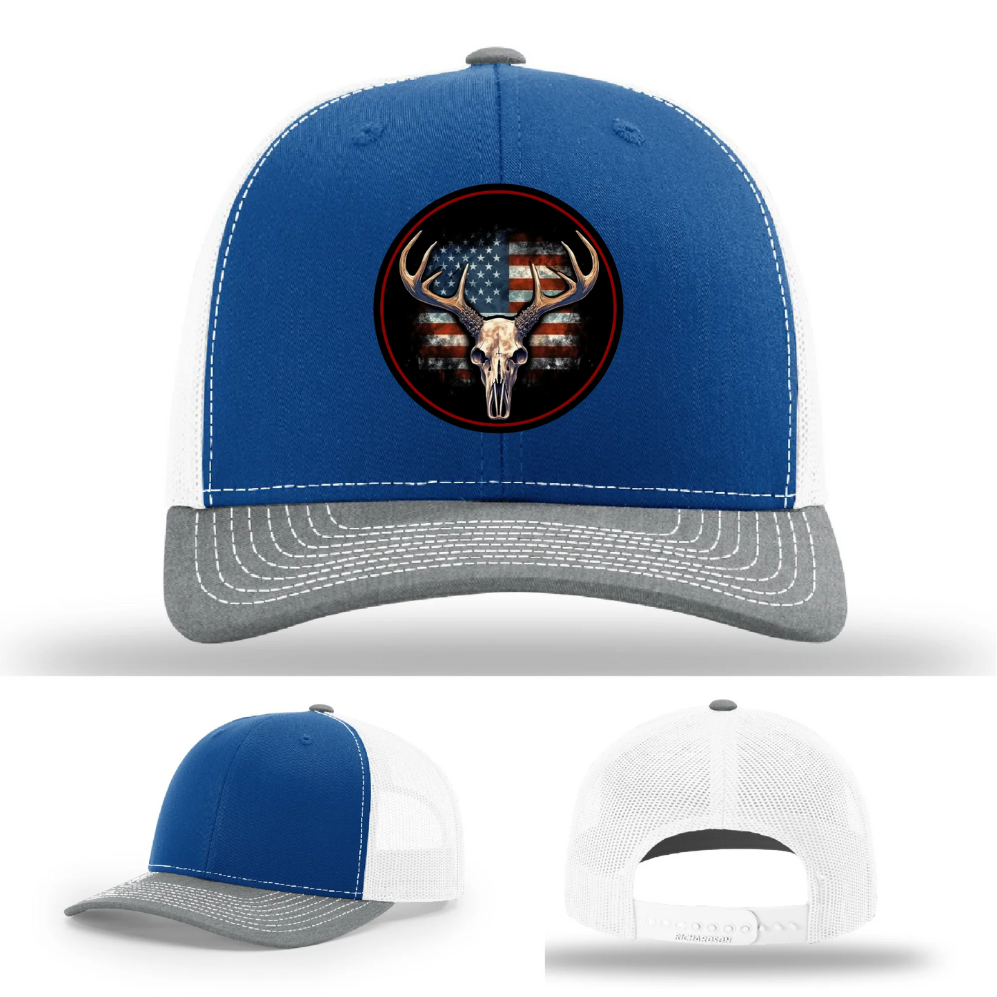 Patriotic Buck II Round Leather Patch Hat Deer Skull and Flag
