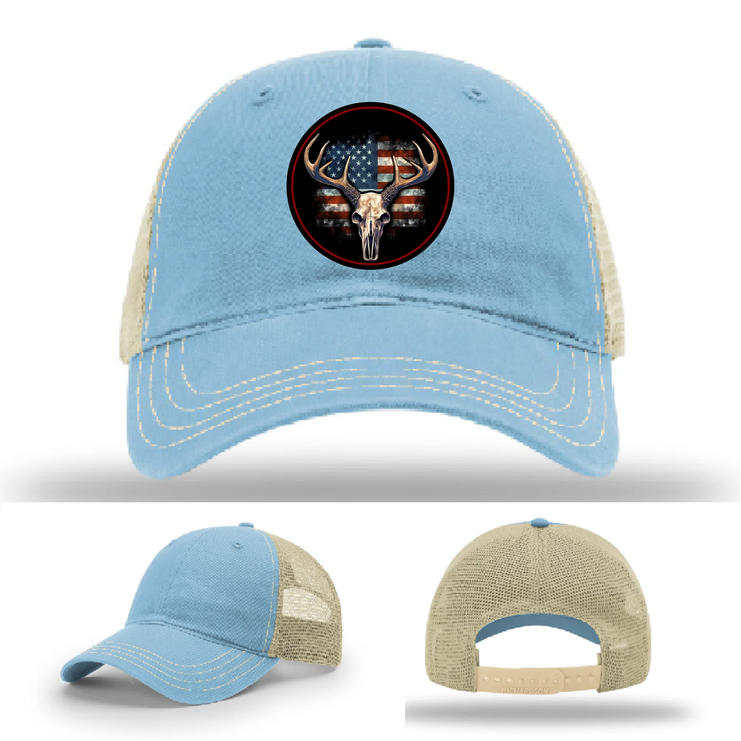 Patriotic Buck II Round Leather Patch Hat Deer Skull and Flag