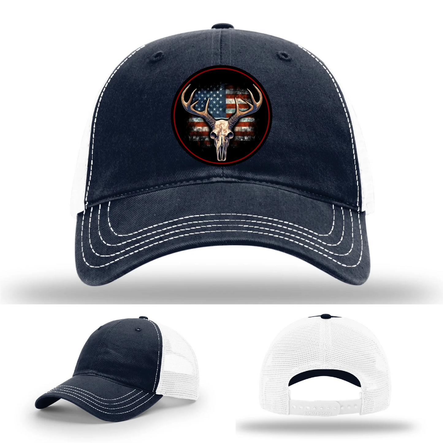 Patriotic Buck II Round Leather Patch Hat Deer Skull and Flag