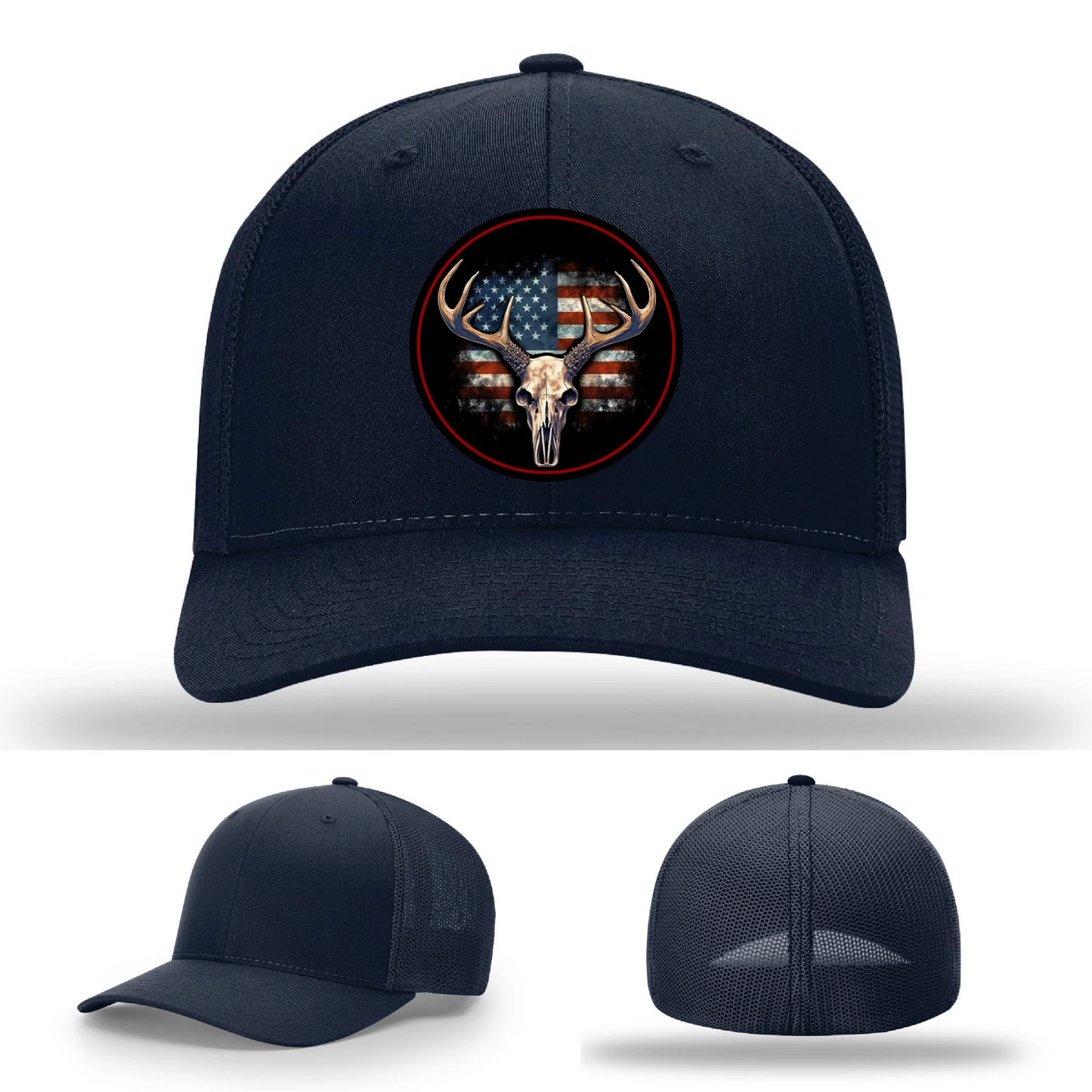 Patriotic Buck II Round Leather Patch Hat Deer Skull and Flag