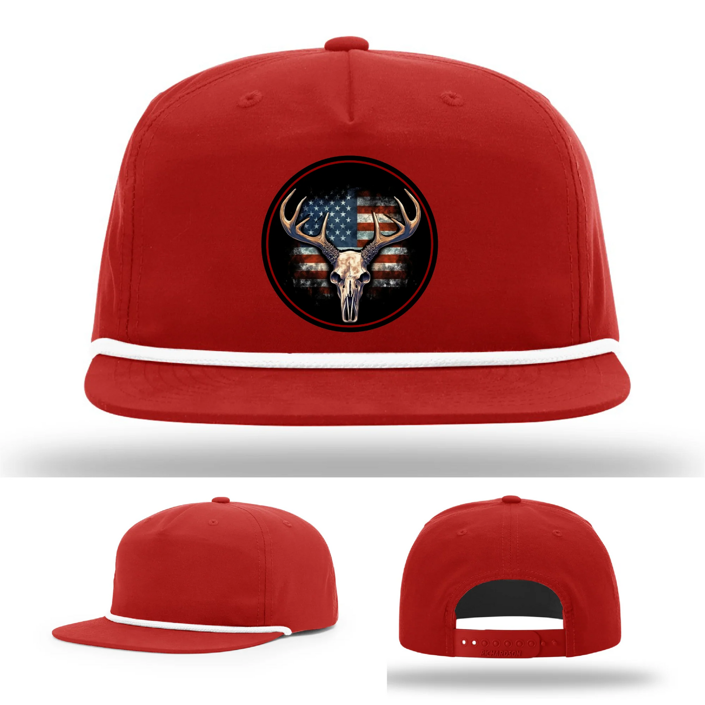 Patriotic Buck II Round Leather Patch Hat Deer Skull and Flag