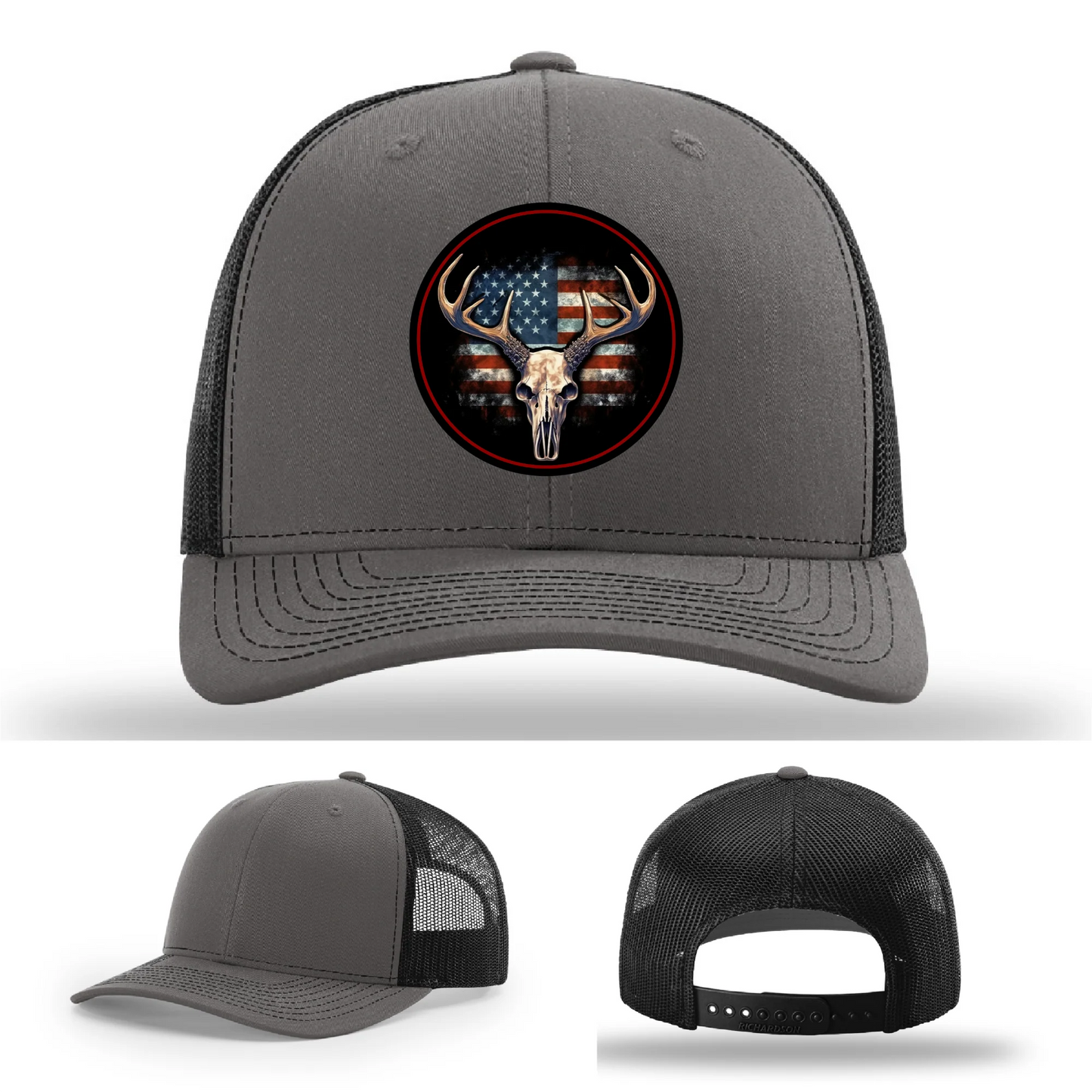 Patriotic Buck II Round Leather Patch Hat Deer Skull and Flag