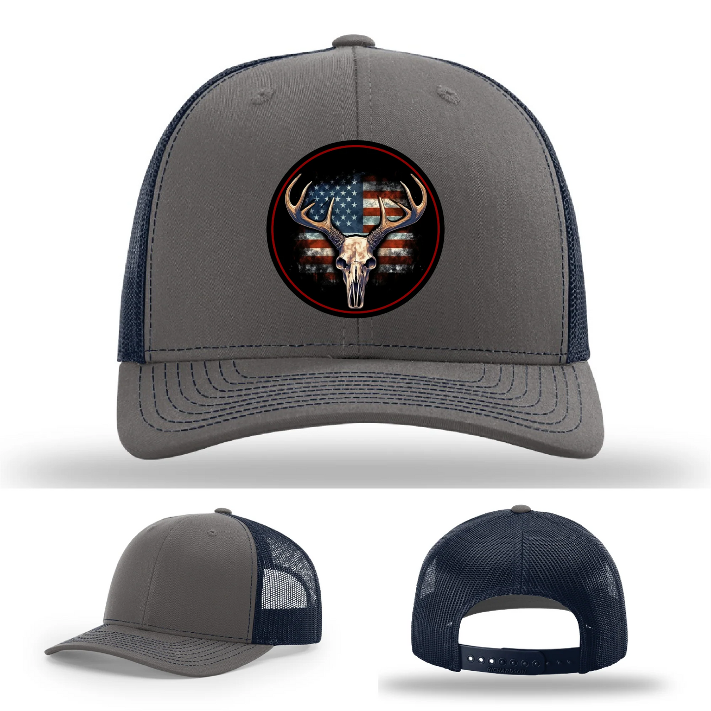 Patriotic Buck II Round Leather Patch Hat Deer Skull and Flag