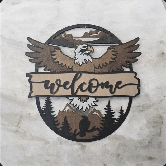 Large Layered 18" Wide x 20" Tall Eagle Welcome Sign
