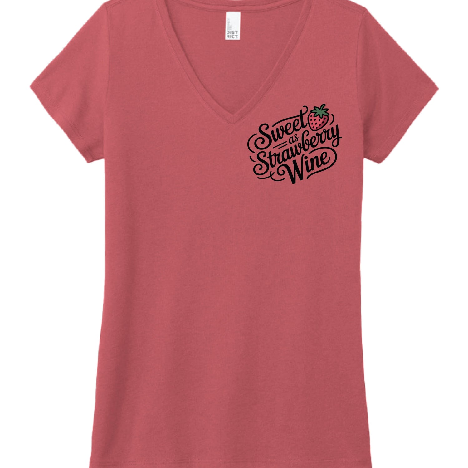 women's V-neck t-shirt with a black and red graphic that reads "Sweet as Strawberry Wine" featuring a small strawberry illustration above the text.